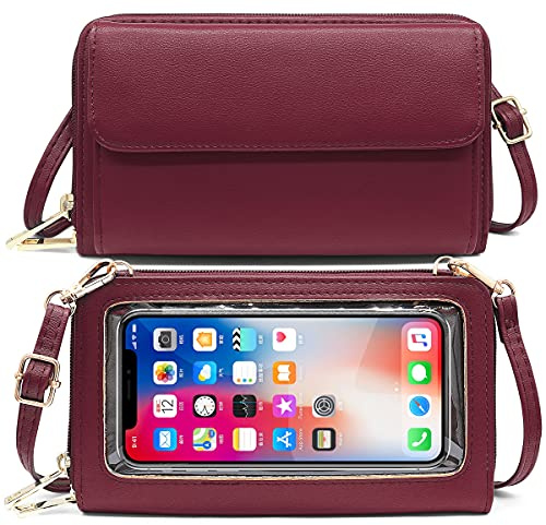 HNOOM Women's RFID Blocking Cross Body Phone Bag with Shoulder & Wrist Strap, Fits Phone Under 6.9 Inch (Wine Red)