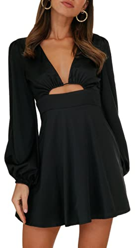 Women's Satin Long Sleeve Cut Out Mini Dress Silk Lantern Sleeve V Neck A-line Sexy Cocktail Short Dress for 2023 Black