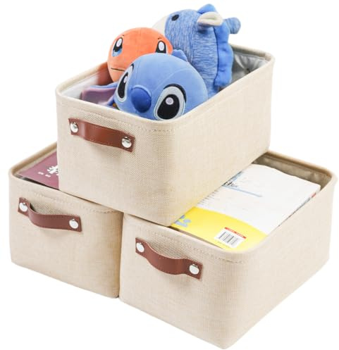 Mangata Fabric Storage Boxes, Thickened Canvas Storage Baskets with Handle for Shelves, Clothes Toys(S, Khaki, without Drawstring,3 Pcs)