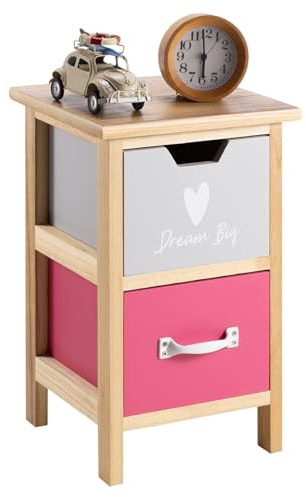 IDIMEX Kommode ESTA mit 2 farbigen Schubladen, kleines Standregal aus Massivholz für Kinderzimmer, Nachttisch in Natur lackiert