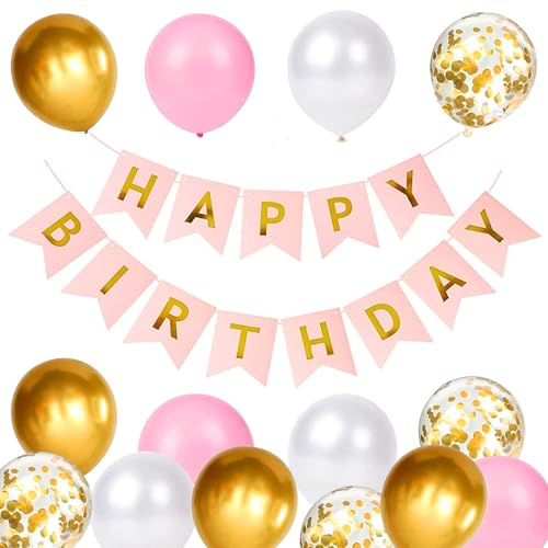 Happy Birthday Banner - Pink & Gold Decoration with Balloons, Ribbons & Banners for Party Supplies