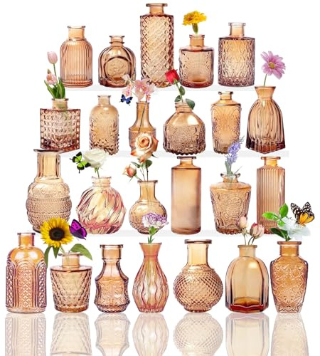 Glass Bud Vases, Set of 24, Mini Flower Vases for Centrepieces, Vintage Bottles for Table Decorations, Wedding Decor, Home, Clear (24, Amber)