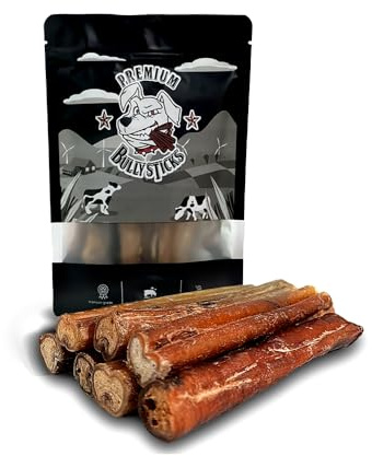 Premium Bully Sticks - Pizzle Sticks for Dogs - Pack of 6 Bull Pizzles for All Dog Sizes and Puppies, Natural Long Lasting Low Odour Dog Chews Made with Grass Fed Beef