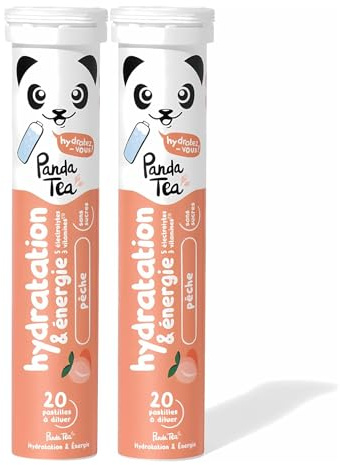 Panda Tea - Hydratation & Énergie - Pêche - 40 Pastilles sans sucre - Electrolyte Ultra Hydratation - Idéale pour le Sport et le Quotidien