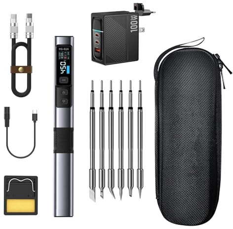 Kit fer à Souder électrique,100W Mini fer à Souder Alimentation PD/QC/DC 9-20V 2S Chauffage Rapide 100-450°C 6 Têtes de Soudage Pour la Réparation électronique de Précision HS-02A