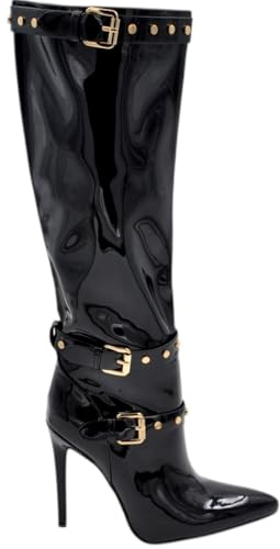 Stivali Donna Alti Lucidi Neri in Vernice al Ginocchio con Zip e Tacco a Spillo 12 cm Vinile con Cinturini e Fibbie (39 EU)