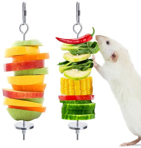 Jevnd Lot de 2 jouets d'enrichissement pour rats en acier inoxydable 304 pour fruits et légumes, accessoires de cage à souris fantaisie, jouets pour rongeurs à suspendre, mangeoire lente, nourriture