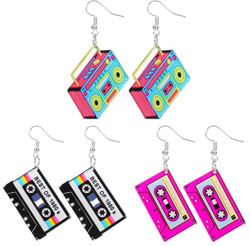 BOHUIZ 3 Paare Retro Kassettenband Ohrringe, 80er 90er Neon-Ohrring für Frauen 80er Jahre Outfit Damen für 80er 90er Jahre Outfit Mottoparty Kostüm Party Zubehör