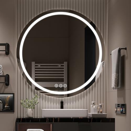 Ratsamee Espejo Baño con Luz Redondo 70cm, Espejos de Baño con LED con Antivaho, Regulable, 3 Colores Luz, Función Memoria