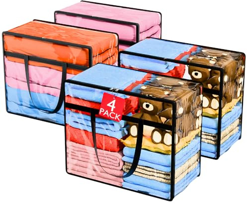 4 Pack Clear Plastic Storage Bags | 40L Foldable Clothing Storage Boxes with Zip & Handles | Plastic Moving Bags & Containers| Stackable Closet Wardrobe Organizer for Bedding, Duvets, Toys & Comforter