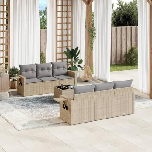 Qnhdfrt Set di 7 divani da giardino, in rattan sintetico, beige, con cuscino, spazio di archiviazione e tavolo pieghevole, per terrazza, giardino, balcone