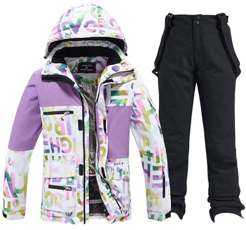 Generisch Tuta da sci per donna e uomo Set giacca da sci e pantaloni da sci 2 pezzi Tuta da neve Colonna d'acqua Giacca da neve Traspirante Bretelle Pantaloni da neve antivento con cappuccio Set da