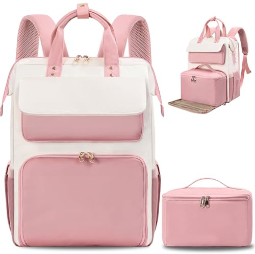 BERTASCHE Lunch Backpack for Women, Laptop Backpack with Lunch Compartment | 17.3 Inch Work Rucksack with Insulated Cooler Lunch Bag, College Backpack for Teacher Nurse Office Travel Picnic, Pink-white