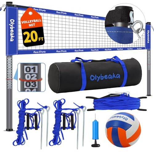 20ft / 32ft Portable Outdoor Volleyball Net Set for Backyard Beach Grass with Heavy Duty 1.25 Adjustable Poles, 28-Ply PE Net, PU Volleyball & Pump, Large Storage Bag
