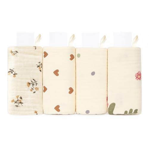 4 Paños Muselina Bebé, 100% Algodón Suaves Paños de Saliva, Transpirables & Absorbentes, Toallas para Recién Nacido, Para Comer, Limpiar y Lavar, 25,5×27,5 cm, Estampado Flores