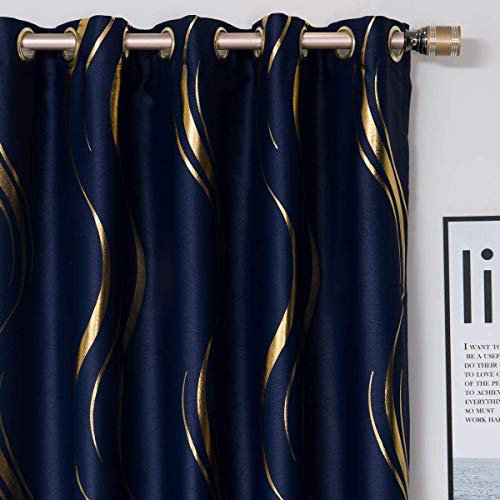MYRU 2 Panels Set Luxury Striped Blackout Curtains for Bedroom Living Room (Navy and Gold, 2 x 66x90 Inch)