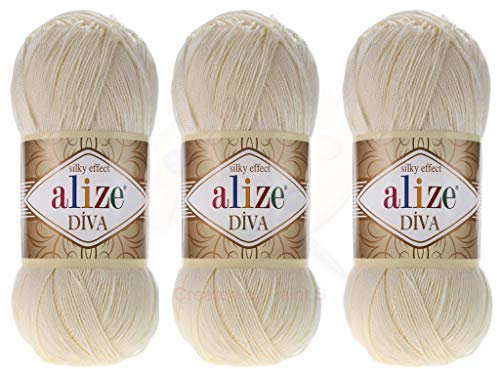 Alize Diva Yarn Hand Knitting Yarn 100% Microfiber Acrylic Yarn Alize Diva Silk Effect Thread Crochet Art Lace Craft Lot of 3 skeins 400gr 1314yds Color (383 - Stone)