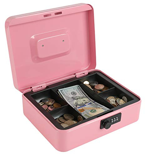 xydled Steel Cash Box Safe with Combination Lock,Money Safe Box with Removable Coin Tray,Large,9.84x 7.87x 3.54,Pink