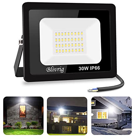 Blivrig 30W LED Strahler Außen 6500K, 3000LM Superhell Außenstrahler, IP66 Wasserdicht LED Fluter, Flutlicht, Aussenlampe für Gärten, Innenhöfe, Garage, Hotel