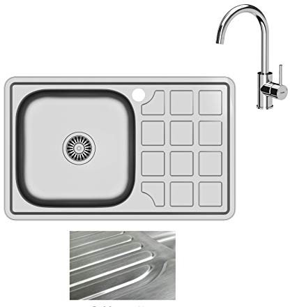 VBChome Inbyggd diskbänk med armatur 78 x 48 satinstruktur från 50 underskåp rostfritt stål diskbänk diskbänk förvaringsyta dräneringsyta höger kantig camping avloppsset sifon kran krom