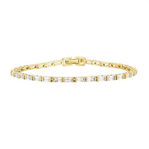 PAVOI 14K Yellow Gold Plated CZ Tennis Bracelet For Women | Classic Emerald Cut Simulated Diamond Bracelet | 6.5 Inches