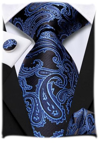 Hi-Tie Herren Krawatte Schwarz Paisley/Plaid/Streifen/Einfarbig Krawatten Set Einstecktuch Manschettenknöpfe Business Formal Hochzeit Meeting Geschenkbox,blaues Paisley