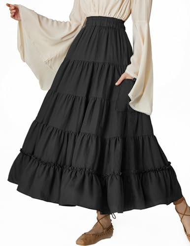 Scarlet Darkness Faldas largas para Mujer, Falda renacentista elástica de Cintura Alta con Bolsillos, Negro, Small