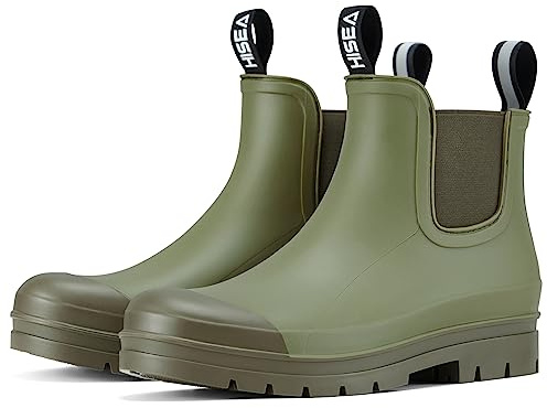 HISEA Women's Short Rain Boots Fashion Waterproof Chelsea Boots Ankle Garden Shoes for Ladies Non Slip Outdoor Work Booties Lightweight Rubber Rainboots with Comfort Insole, Size 6 Olive Green