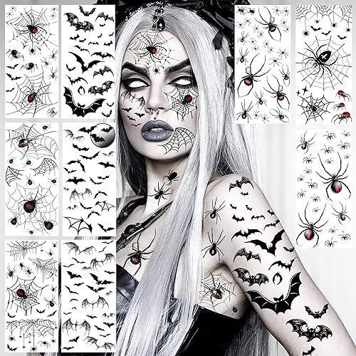 LAROI 9 Blatt Halloween Spinnennetz Gesichts Tattoo Aufkleber, Fledermaus Spinne Fake Arm Tattoos Zum Aufkleben Damen Herren Frauen Männer Klebetattoos Erwachsene Kinder, Hexen Make UP Kostüm Schminke