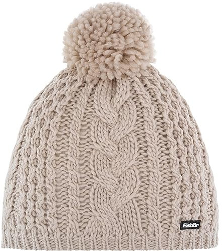 Eisbär Antonia Pudelmütze Damen/Herren - Pompon Zopfstrickmuster Strickmütze mit Futter, Futter Winter Herbst-Winter - One Size Hellbeige