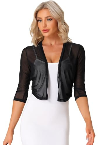 Allegra K Gilet Transparent Femme Boléro Mousseline de Soie Devant Ouvert Manches 3/4 Cardigan Court Léger Noir XL