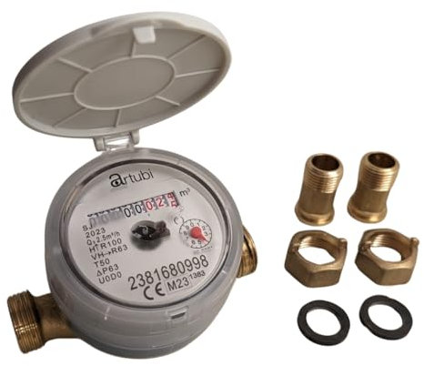 Contador de agua fría DN15 (1/2) – Fabricado en Italia – Certificado para agua potable (DM174/2004 y MID) Cuerpo de latón con empalmes y juntas, largo 110 mm con tapa de protección