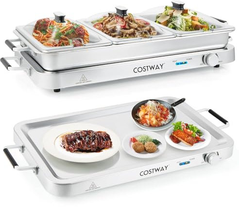 COSTWAY 2 en 1 Chauffe-Plats en Acier Inoxydable Électrique 450 W, GN1/1+3xGN1/3 Récipients avec Couvercle, 9L Chafing Dish, 50-150 °C, Buffets Chauffants pour Banquets, Fêtes, Mariage, Restaurants