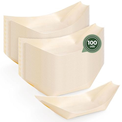 Horeca Collection MAXI PRODUCTS - Cuencos Desechable Madera - Cuencos Catering Aperitivos Desechable - Cuenco Cocktail - Barquillas Madera - PRÁCTICO Y APILABLE (8 x 6 x 1,5 cm, 100 unidades)