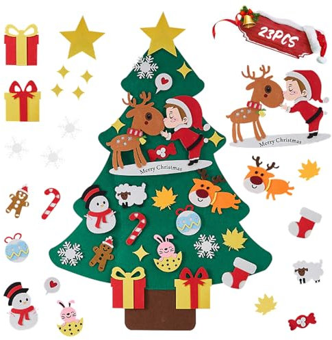 Lvjkes Árbol de Navidad de Fieltro, Árbol Navideña DIY, 100 cm Kit de árbol de Navidad de Fieltro con Velcro DIY, Incluye 23 Adornos navideños, Regalo de árbol de Navidad de Fieltro para niños