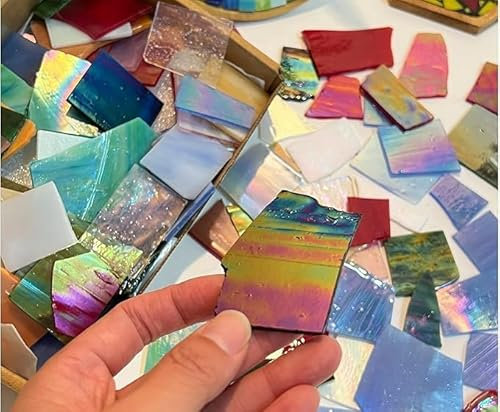 CHICSHIS 2.2lbs Iridescent Stained Glass Pieces for Crafts – Variety of Irregular Broken Glass Tiles for Mosiac Art, Bright Coloured Mosaic Tile Scraps for Home Décor, 1kg / 35oz Pack