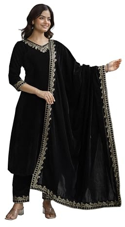TRENDMALLS Women's Velvet Embroidery Salwar Suit Set A line Kurta Pant with Dupatta Black Kurta Set for Women