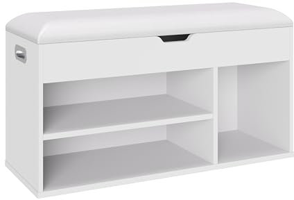 Panana Shoe Bench with Padded Seat, Bed End Stool with Hidden Storage Bench With Storage Chest & 3 Compartments Hallway, Bedroom, Living Room, Easy Assembly, Industrial Design (White)