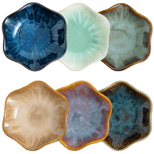 GOMETY 6 Stück Keramik Dipschalen, Sojasauce Schälchen Set, Saucenschalen für Sushi, Dipschalen Blume Form, 10cm Porzellan Snack Schalen, Dip Schälchen Porzellan für Vorspeisen, Ketchup, Sojabohnen