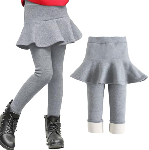 JiAmy leggings för flickor fleecefodrade leggings med volang kjol vinter varm byxkjol för flicka 3-12 år, Ljusgrå, 5-6 År
