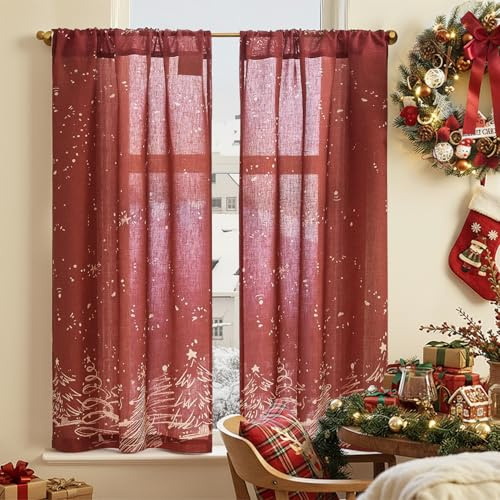 TOPICK Kitchen Christmas Tree Red Curtains 45 Inch Drop, Linen-look Short Cafe Curtains for Small Window, Rod Pocket Curtain Tier 2 Panels for Sink Basin, Utility Room, Bedroom, Living Room, W26 x L45