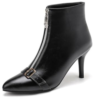 Botines Elegantes para Mujer Cremallera Frontal Decoración Hebilla Tacones De Aguja Fieltro Elegante Fiestas Noches Oficina,Negro,36 EU