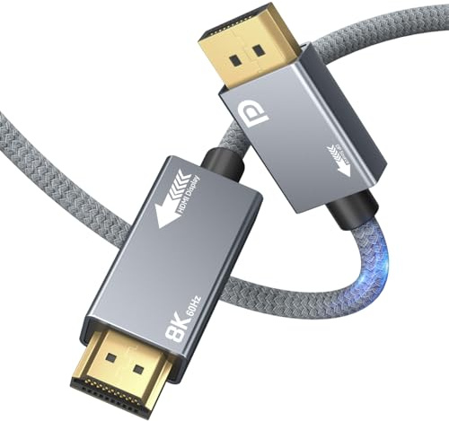 8K DisplayPort to HDMI Cable 1M - 8K@60Hz 4K@240Hz, Active DP 1.4 Source to HDMI 2.1 Display, Nylon Braided, Alloy Housing, Unidirectional Cord for Laptop, PC, Graphics Card to Monitor, TV, Projector
