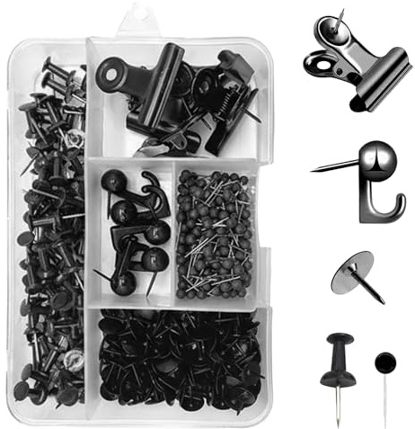 CXNXFD Juego de 310 chinchetas negras para pared, caja de clasificación con diferentes tamaños, plástico y metal