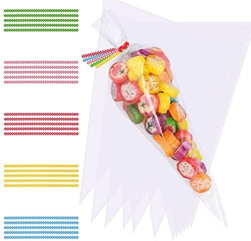 Faburo 100pcs 25x15cm Cone Tüten Süßigkeiten Tütchen Geschenktüten mit 100 Bindebänder für Süßigkeiten Schokolade Bonbons