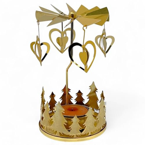 Teelichthalter rotierend Teelicht-Karussell Weihnachten Kerzenhalter aus Metall, rotierender Teelichtleuchter Mini-Pyramide 13.5cm (Gold - Tannenkranz & Herz)
