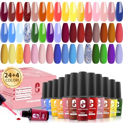 Clara Colors Kit de 28 esmaltes de uñas de gel, 24 colores juego de esmalte de uñas con capa superior floreciente, brillante y mate, kit de manicura para niñas y mujeres