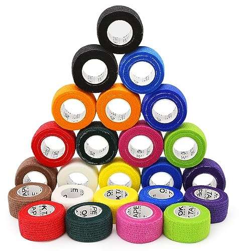 OK TAPE Self Adherent Cohesive Bandages Wrap - 24Packs, 1 x 5 Yards, Non-Woven Self Adhesive Bandage Wrap for Thumb, Finger, Wrist, Ankle, Vet Wrap Bandages Tape (Mixed Colors)