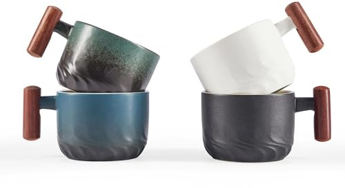 CLASGLAZ 6 Oz Ceramic Espresso Mugs with Wooden Handle, Demitasse Cups for Double Shot Latte Cappuccino Lungo Tea Bag Beverage, Espresso Cups Set of 4