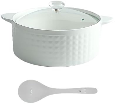Vnook Coperchio Doppio Manico Zuppiera in Ceramica Bianca Pura Zuppiera Piatto Rotondo in Ceramica Bianca Casseruola/Pentola di Argilla/Pentola di Terracotta/Pentole in Ceramica,2000mla